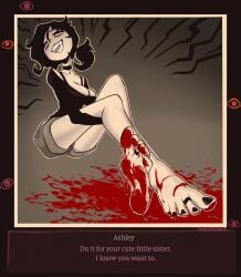 1girls 2d alternate_version_available ashley_graves black_hair black_toenails blood blood_on_feet blood_stain breasts choker cleavage dialogue english_text feet female female_only foot_fetish looking_at_viewer painted_toenails pink_eyes ponytail soles solo solo_female tease teasing the_coffin_of_andy_and_leyley thirstycharm toe_ring toe_rings toes