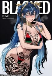 1girl ai_generated anime artist:basicallynomore blacked female iuno_(wuthering_waves) looking_at_viewer pan-african_flag_bikini pan_african_colors pubic_tattoo qos qos_tattoo queen_of_spades queen_of_spades_symbol queen_of_spades_tattoo tattoo tattoos white_skin wuthering_waves