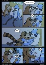 2026 anthro avian balls beak_kiss bed bird blue_jay cartoon_network comic corvid dialogue duo english_text fudatsu furniture genitals hi_res jay_(bird) licking making_out male male/male mammal mordecai_(regular_show) new_world_jay on_bed oscine passerine penis penis_grab pillow procyonid raccoon regular_show rigby_(regular_show) speech_bubble surprise_penis text tongue