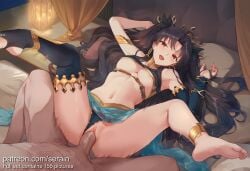 1boy 1girl 2026 ai_generated anklet armlet armpits arms_up asymmetrical_legwear asymmetrical_sleeves bare_shoulders barefoot bed black_hair black_panties blush breasts bridal_gauntlets clothed_female_nude_male clothing_aside crown detached_sleeves earrings elbow_gloves fate_(series) feet hair_ribbon hetero highres hoop_earrings ishtar_(fate) jewelry legs legs_up long_hair long_legs looking_at_viewer lying m_legs medium_breasts missionary navel neck_ring nipples nsfw nude on_back on_bed open_mouth panties panties_aside parted_bangs pelvic_curtain penis pillow pixiv_id pussy red_eyes ribbon serain sex single_detached_sleeve single_sleeve single_thighhigh smile soles solo_focus spread_legs stirrup_legwear stomach thighhighs thighlet thighs tiara toe_ring toeless_legwear toes two_side_up uncensored underboob underwear uneven_legwear uneven_sleeves vaginal