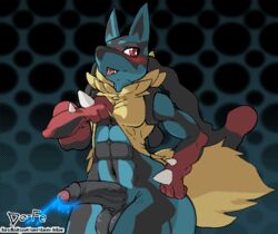 1boy abs anthro aura balls black_fur blue_fur blush canine cum dante-feline erection fluffy fur humanoid_penis lucario male male_only mammal manly mega_evolution mega_lucario muscular nintendo penis pokemon pokemon_(species) red_eyes shadow smile solo spikes teeth tongue uncut vein video_games wide_hips yellow_fur