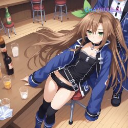 1girl ai_assisted ai_generated alcohol_bottles arms_on_table bar barstool black_shirt black_shorts blue_jacket boots brown_hair bukkake choker collar cowboy_shot doggy_style dramatic_lighting dutch_angle eyes_closed from_above green_bow green_eyes head_down high_res hyperdimension_neptunia if_(neptunia) indoors long_hair looking_at_viewer one_side_up panties_exposed recording resting_head ribbon sex_from_behind sitting skirt_lifted sleeping solo source_anime standing surrounded thigh_highs vaginal_sex visible_nipples visible_vagina