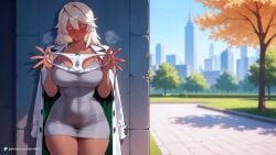 1female 1girl 1girls 2026 ai_assisted ai_generated artist_name blonde_hair blue_sky blurry blurry_background blush breasts breath building ccmint city cleavage coat coat_on_shoulders collarbone covered_navel curvy dark-skinned_female dark_skin day dress exhibitionism female female_focus grey_dress guilty_gear guilty_gear_strive guilty_gear_xrd hair_between_eyes heavy_breathing highres holding holding_clothes holding_panties holding_underwear large_breasts long_hair looking_at_viewer nose_blush open_coat orange_eyes outdoors panties park patreon patreon_logo patreon_username pencil_dress public_indecency pussy_juice pussy_juice_puddle pussy_juice_stain pussy_juice_trail ramlethal_valentine ring shadow short_dress sky solo stain stained_panties standing steaming_body sweat taut_clothes taut_dress thick_thighs thighs tight_clothes tight_dress tree uncensored underwear unworn_panties white_coat white_dress white_hair white_panties wide_hips yellow_eyes
