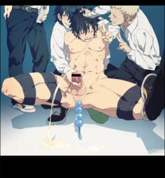 4boys anal anal_beads anal_object_insertion bar_censor black_hair black_pants black_shoes blonde_hair blue_background blue_hair censored closed_eyes collared_shirt commentary_request erection gradient_background green_socks handjob honya_lala long_sleeves male_focus multiple_boys navel nipples object_insertion open_mouth original pants pectorals pee peeing penis sex_toy shirt shoes short_hair single_shoe sneakers socks spread_legs squatting testicles v white_shirt yaoi