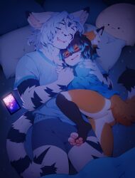 absurd_res anthro anus balls barely_visible_balls barely_visible_genitalia bed bedding bent_leg blanket blush bodily_fluids bottomless bulge butt canid canine clothed clothing coff colored cuddling digital_drawing_(artwork) digital_media_(artwork) drooling duo electronics eyes_closed fangs felid feline fox furniture genitals hi_res inner_ear_fluff lying male male/male mammal medium_hair night on_back on_bed on_side open_mouth pantsless pawpads phone pillow pink_pawpads saliva shaded shirt size_difference sleeping sleeping_together tail teeth topwear tuft underwear