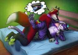 2016 animal_genitalia animal_penis anthro anthro_on_anthro balls bed between_legs black_balls black_body black_fur butt canid canine canine_genitalia canine_penis dated duo ear_piercing ear_ring eyes_closed felid fox frottage fur furniture gauged_ear genitals green_eyes green_hair green_markings green_pawpads green_penis grey_pawpads hair hand_on_head hufnaar knot leash leash_pull lying male male/male mammal markings mouth_closed nude on_back on_bed pantherine pawpads penile penis penises_touching piercing pink_penis purple_body purple_fur red_body red_fur ring_piercing sex short_hair signature smile tiger white_balls white_body white_fur