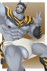 2:3 absurd_res anthro big_penis black_body black_fur clothing felid final_fantasy final_fantasy_xiv fur genitals grey_body hi_res hrothgar male mammal muscular nipples opal_akb'aal penis red_eyes solo square_enix stripes towel wardrobe_malfunction wingedpuppy yellow_stripes