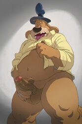 balls belly black_nose bottomless canine clothed clothing half-dressed hat male male_only mammal open_clothes open_mouth open_shirt overweight penis sam_(sam_and_max) sam_and_max shirt simple_background slightly_chubby tongue tongue_out uncut yaoi