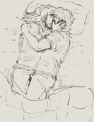 bed black_and_white blanket embrace fanfic_art fanfiction_available fully_clothed gay iron_lung_(movie) laying_down laying_on_bed making_out male_only morning_sex project_hail_mary ryland_grace simon_(iron_lung) sketch