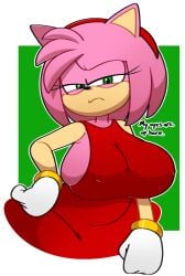 amy_rose annoyed anthro fully_clothed furry huge_breasts looking_at_viewer nipples_visible_through_clothing simple_background solo_female sonic_(series) vilepluff