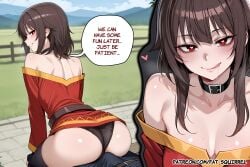 1boy 1girl aged_up ai_assisted ai_generated black_panties choker english_text erection_under_clothes fatest_squirrel grin heart-shaped_pupils kono_subarashii_sekai_ni_shukufuku_wo! licking_lips looking_back medium_hair megumin sitting_on_lap small_breasts thighhighs