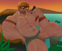 alternate_version_at_source buster_(brawl_stars) chubby_male dibupromedio erection facial_hair lily_pads male_only marker naked_male on_water penis_out sunglasses sweating tagme