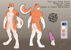 2015 animal_genitalia anthro arm_markings balls black_markings blue_eyes canid canine canis dated domestic_dog english_text erection front_view fully_sheathed fur genitals glistening glistening_eyes hair hufnaar hunter_kaiser husky looking_at_viewer male male_anthro mammal markings model_sheet mouth_closed nordic_sled_dog nude orange_body orange_fur orange_hair penis pink_penis rear_view retracted_sheath sheath short_hair signature solo spitz standing text white_balls white_body white_fur white_sheath