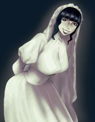 1girls big_breasts black_hair breasts clothed clothed_female clothing female_only meruzis rosemary_walten smile smiling smiling_at_viewer solo solo_female the_walten_files wedding_dress