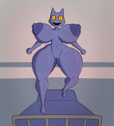 1girl animal_hospital animal_humanoid anthro ass_visible_through_thighs big_areola cat_ears circle_hands furry hospital_bed hospital_room huge_breasts leg_up nipples obsuniq pussy roblox roblox_game slim_waist smile standing_on_bed thick_thighs