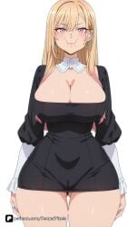 1girl :t ai_generated arms_at_sides artist_name ass_visible_through_thighs bangs barbell_piercing black_dress blonde_hair breasts cameltoe cleavage closed_mouth cosplay cowboy_shot detached_collar dress ear_piercing earrings gradient_hair gyaru industrial_piercing jewelry kitagawa_marin large_breasts long_hair long_sleeves looking_at_viewer marin_kitagawa multicolored_hair my_dress_up_darling nail_polish nun patreon piercing pink_eyes pink_hair pink_nails pout puffy_sleeves ring senpai_pixels sensitive short_dress simple_background skindentation solo sono_bisque_doll_wa_koi_wo_suru thick_thighs thigh_gap thighs white_background