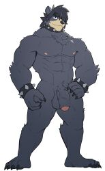 abs anthro areola balls bear biped black_hair bracelet chest_tuft claws collar colored feet finger_claws fingers flaccid foreskin full-length_portrait fur genitals glans grey_body grey_fur hair hair_over_eye hand_on_hip hi_res humanoid_feet humanoid_genitalia humanoid_hands humanoid_penis jewelry jrjresq looking_at_viewer male male_anthro mammal marsh_(jrjresq) muscular muscular_anthro muscular_arms muscular_male navel nipples nude_anthro nude_male partially_retracted_foreskin pawpads pecs penis plantigrade portrait pose seductive short_hair simple_background smile solo spiked_bracelet spiked_collar spikes toe_claws toes tuft vein veiny_penis white_background