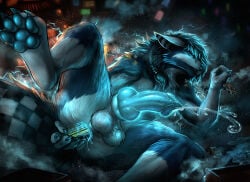 abs anal anal_masturbation animal_genitalia anthro azhax blue_body blue_fur bodily_fluids canid canine canine_genitalia canis city_crushing city_destruction cum destruction dreadlocks ejaculation electricity electricity_manipulation elemental_manipulation fur genital_fluids genitals glowing glowing_eyes hi_res knot male mammal masturbation orgasm pecs vehicle_insertion wolf
