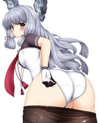 :< ass breasts brown_eyes cameltoe female gloves highres kantai_collection long_hair looking_at_viewer looking_back lovelovemaid murakumo_(kantai_collection) panties panties_aside pantyhose pantyhose_pull pussy silver_hair simple_background solo underwear white_background