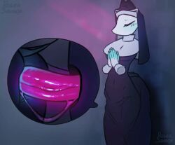 blush breath_cloud deltarune hidden_sex nun praying roseasavage stomach_bulge tagme tasque_manager_(deltarune) tasque_manager_(nun) video