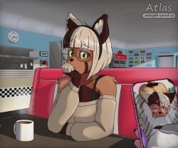 6:5 absurd_res accessory ailurid anthro anya_(atlas_jkb) appliance arm_tuft arms_bent ass_up atlas_jkb bangs beverage black_nose black_sclera blonde_hair blue_wall bob_cut booth_seating bra bra_strap brown_body brown_fur brown_hair calendar checkered checkered_wall chest_tuft claws clock clothed clothing coffee coffee_mug confusion countershade_torso countershading cracked_screen cunnilingus diner domestic_cat duo electronics english_text eyes_closed eyewear facial_markings felid feline felis female female/female female_pov first_person_view fridge fur furniture glasses grey_body grey_fur hair hair_accessory hairband hand_on_chin head_markings hi_res holding_object holding_phone inside kitchen_appliance leg_grab looking_at_viewer mammal markings mask_(marking) off_shoulder_shirt one_eye_closed oral pawpads phone photo pink_pawpads pink_phone rae_(atlas_jkb) red_panda restaurant round_glasses ruined_reputation sex shaded shoulder_tuft sign sitting smile split_color_hair steam straight_bangs striped_body stripes tabby_cat table tear_(marking) text thigh_grab tuft underwear vaginal watermark yellow_eyes