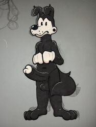 absurd_res anthro ball_tuft balls barefoot bendy_and_the_ink_machine big_balls big_penis black_body black_fur black_nose boris_the_friendly_wolf canid canine canis clothing eddymurray erection feet fingers fur genitals glans gloves handwear hi_res male male/male mammal paws penis shy solo toes toony tuft white_face white_glans wolf