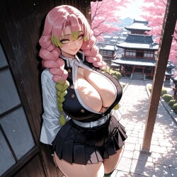 1girl ai_assisted ai_generated arms_behind_back bangs belt black_jacket black_skirt blush braid breasts cherry_blossoms cleavage coat cowboy_shot curvaceous curvy curvy_female curvy_figure demon_slayer female gradient_hair green_eyes green_hair haori japanese_clothes kanroji_mitsuri katana kimetsu_no_yaiba lips long_hair long_sleeves looking_at_viewer miniskirt miyuai mole mole_under_eye multicolored_hair outdoors partially_unbuttoned petals pink_hair pleated_skirt skirt smile solo sword thick thick_ass thick_butt thick_hips thick_legs thick_thighs thighhighs thighs uniform voluptuous voluptuous_female wading water weapon white_belt wide_hips wide_thighs zettai_ryouiki