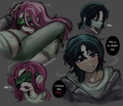 2girls alien_stage black_hair blood covered_eyes grey_hoodie grey_pants licking_lips mask mizi_(alien_stage) mouth_mask pink_hair purple_eyes signature smile sua_(alien_stage) twitter_username yuri