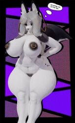 1girls aged_up big_breasts bush full_body helluva_boss hoop_earrings hoop_earrings_oversized loona_(dogzeela) loona_(helluva_boss) loona_(milf)_(dogzeela) milf nipple_piercing solo steamybroth text text_bubble thick_thighs wide_hips