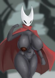 2026 2_horns 5_fingers absurd_res anthro arachnid areola arthropod big_breasts biped black_body black_eyes blurred_background breasts cloak clothing digital_drawing_(artwork) digital_media_(artwork) empty_eyes female female_anthro fingers genitals glistening glistening_body glistening_breasts glistening_legs hi_res hollow_knight_(franchise) horn hornet_(hollow_knight) huge_breasts innie_vulva killer._ez legs_together mostly_nude mostly_nude_anthro mostly_nude_female mouthless navel nipples non-mammal_breasts non-mammal_navel non-mammal_nipples non-mammal_vulva noseless red_areola red_cloak red_clothing red_nipples solo spider team_cherry thick_thighs vulva white_horn