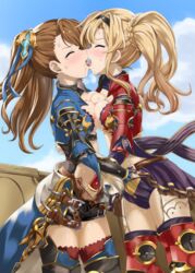 2girls beatrix_(granblue_fantasy) belt blonde_hair boots braid breast_press breasts brown_hair closed_eyes female french_kiss granblue_fantasy hairband hand_in_panties hand_on_back highres kissing multiple_girls mutual_masturbation nichika_(nitikapo) nipples panties ponytail pussy_juice saliva shorts skirt symmetrical_docking thigh_boots thighhighs tied_hair tongue unbuckled_belt underwear yuri zeta_(granblue_fantasy)