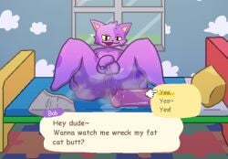 animal_crossing anthro anus balls bed big_butt bob_(animal_crossing) bodily_fluids butt clothing dialogue dildo domestic_cat english_text felid feline felis flaccid foreskin furniture genital_raphe genitals hi_res humanoid lying male mammal musk nintendo on_back penis presenting presenting_anus purple_body raphe_(anatomy) rudyz scrotal_raphe sex_toy slightly_chubby solo spread_anus spreading sweat sweaty_butt talking_to_viewer text tongue tongue_out underwear yellow_sclera