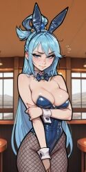 1girls ai_generated aqua_(konosuba) bare_shoulders blue_eyes blue_hair blush bow breasts_hold bunny_ears bunnysuit cafe covering_self detached_collar embarrassed fake_animal_ears female fishnets hair_bobbles hair_ornament hair_rings hugging_self indoors kono_subarashii_sekai_ni_shukufuku_wo! leotard long_hair looking_at_viewer molamaxuy pantyhose perfect_body playboy_bunny self_hug sexy_clothing shy skinny solo strapless tavern wrist_cuffs