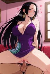 1boy 1girl ai_generated black_hair blue_eyes blush breasts cleavage clothed_sex covered_nipples cum cum_in_pussy dress earrings girl_on_top heart hetero jewelry large_breasts long_hair nico_robin no_panties one_piece overflow penis purple_dress pussy reverse_cowgirl_position sex sex_from_behind smile solo_focus spread_legs straddling sweat testicles thighs uncensored vaginal vortalis