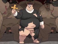 2026 anthro balls barazoku bear belly big_balls bodily_fluids chest_tuft clothing collar colored cross cum defeat defeat_sex defeated digital_drawing_(artwork) digital_media_(artwork) dirty domestic_pig dripping facial_piercing foreskin genital_fluids genitals glans grope groping_chest group humanoid_genitalia humanoid_penis instant_loss_2koma japanese_text kemono light lighting male male/male mammal mature_anthro moki_(artist) moob_suck moobs navel nipples nude obese obese_anthro obese_male open_mouth overweight overweight_anthro overweight_male partially_retracted_foreskin penis piercing precum precum_drip priest priest_robes ring_piercing shaded sucking suid suine sus_(pig) sweat sweaty_belly text thick_thighs tongue tongue_out torn_clothing translated tuft