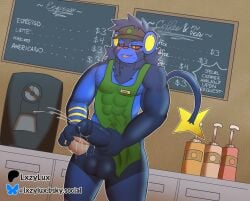 abs absurd_res anthro anthrofied apron balls beverage blue_body blue_fur blue_mane blush bodily_fluids clothing coffee coffee_mug cum digital_media_(artwork) erection fur generation_4_pokemon genital_fluids genitals hi_res humanoid_genitalia humanoid_penis luxray lxzylux male mammal mane muscular muscular_anthro muscular_male nintendo penis pokemon pokemon_(species) smile solo tail yurai_(character)