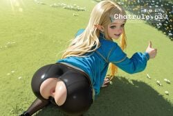 1girl 4k_resolution ai_assisted ai_generated all_fours anal_cutout anus aqua_eyes big_ass black_legwear blonde_hair blue_shirt d detailed_background dutch_angle flower from_above from_behind highres jacket long_hair on_grass outdoors pointy_ears princess_zelda solo sunlight thumbs_up