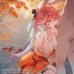 1boy 1girl 2026 ahoge ai_generated autumn_leaves bare_shoulders blush braid breasts censored changli_(wuthering_waves) clothed_female_nude_male cocomiyart collarbone earrings fellatio gradient_hair hair_ornament hands_on_another's_head head_grab hetero highres irrumatio japanese_clothes jewelry kimono large_breasts long_hair mosaic_censoring multicolored_hair nipples nsfw nude off_shoulder open_clothes open_kimono oral orange_eyes orange_kimono outdoors penis pink_hair ponytail solo_focus uncensored very_long_hair water white_hair wuthering_waves yellow_eyes