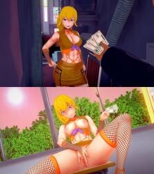 1boy 1girls breasts cheer_snuffer fingering fingering_self fishnet_legwear half-dressed half_naked half_naked_female long_hair long_hair_female money purple_eyes rwby yang_xiao_long