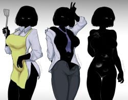 apron big_boobs big_breasts black_body black_eyes black_hair black_skin breasts entity eyes female grabbing_own_breast hand_on_breast huge_boobs huge_tits humanoid monster naked nate_hand_gesture open_clothes open_clothing open_pants open_shirt shirt staring staring_at_viewer tagme tie tits void white_shirt