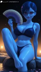 ai_generated aiuniverse56 big_breasts blue_hair blue_skin bra cameltoe cleavage colored_skin covered_nipples feet feet_fetish fit fit_female foot foot_fetish hand_fan hat_over_eye hot_spring hotsprings in_water mayura_(miraculous_ladybug) midriff miraculous:_tales_of_ladybug_and_cat_noir miraculous_ladybug nathalie_sancoeur navel pink_eyes purple_lipstick purple_sclera short_hair stable_diffusion sweaty sweaty_skin thick_thighs thong toes wet wet_body wet_skin wide_hips