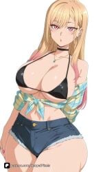 1girl ai_generated artist_name bangs bare_shoulders bikini bikini_top_only black_bikini black_choker blonde_hair breasts choker cleavage denim denim_shorts ear_piercing earrings gradient_hair gyaru jewelry kitagawa_marin large_breasts long_hair looking_at_viewer marin_kitagawa midriff multicolored_hair my_dress_up_darling navel necklace patreon piercing pink_eyes pink_hair pink_nails plaid_shirt red_eyes senpai_pixels sensitive shirt short_shorts shorts simple_background solo sono_bisque_doll_wa_koi_wo_suru swimsuit thick_thighs thighs tied_shirt white_background