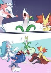 2026 animal_genitalia animal_penis anthro blue_body blue_eyes blush bodily_fluids canine_genitalia canine_penis censored comic cum cute_fangs delphox erection eyes_closed fangs feral fur generation_5_pokemon generation_6_pokemon generation_7_pokemon genital_fluids genitals green_body hi_res knot looking_pleasured male male_anthro male_feral nintendo nude_anthro nude_male open_mouth penis pokemon pokemon_(species) primarina serperior sweat sweatdrop teeth tenebscuro tongue tongue_out yellow_body yellow_fur