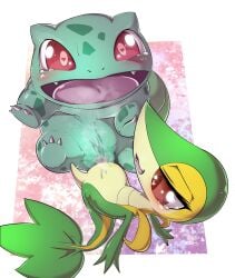 absurd_res anthro bodily_fluids bulbasaur claws duo ejaculation fangs female female/female feral generation_1_pokemon generation_5_pokemon genital_fluids genitals heart_eyes heart_symbol hi_res kicktyan lying nintendo open_mouth pokemon pokemon_(species) sex snivy spread_legs spreading tears teeth tribadism vaginal vaginal_fluids vulva