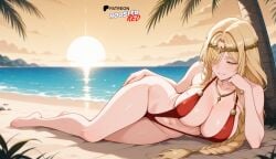 ai_art ai_generated bangs barefoot beach blonde_hair boosterred99 braided_hair elden_ring full_body hair_intakes hair_over_one_eye large_breasts legs long_hair mature_female naughty_face ocean outdoors palm_tree ponytail queen_marika_the_eternal red_sling_bikini red_slingshot_swimsuit sidelocks sling_bikini slingshot_bikini slingshot_swimsuit stable_diffusion twin_braids very_long_braid yellow_eyes