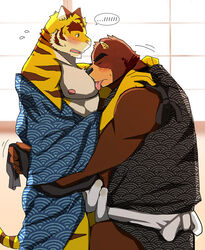 against_wall anthro bear bearlovestiger13 blush brown_fur closed_eyes clothing duo erection feline frottage fundoshi fur grinding heart hi_res japanese_clothing juuichi_mikazuki kissing licking male mammal morenatsu muscular muscular_male sex tatami tiger tongue tongue_out torahiko_(morenatsu) underwear yaoi