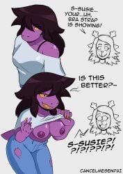 anthro bra_strap bra_strap_is_showing_(meme) breasts breasts_out claws clothed clothes_lift deltarune dialogue dinosaur dinosaur_girl embarassed female female_on_female flashing flashing_breasts freckled_face freckled_shoulders freckles large_breasts lesbian lifting_shirt meme noelle_holiday partially_clothed pierced_nipples piercings purple_body reindeer speech_bubble susie_(deltarune) taunting torn_clothes yellow_eyes