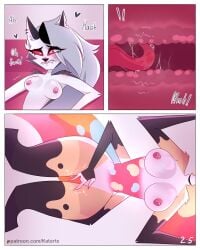 4:5 absurd_res anthro breasts canid canid_demon canine comic cunnilingus demon dialogue english_text female female/female genitals hellaverse hellhound helluva_boss hi_res internal internal_vaginal kat._.arts loona_(helluva_boss) mammal masturbation mythological_canine mythological_creature mythology nipples nude oral queen_bee-lzebub_(helluva_boss) red_sclera sex simple_background text tongue url vaginal white_eyes x-ray_view
