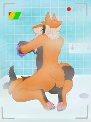 anthro ass balls barbed_penis bathing bathroom claws dildo dragon foggy fur furred_dragon green_eyes looking_at_viewer male male_only neshi neshi_(character) paws penis piercing sex_toy shower smile soap steam