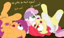 2016 after_sex anus apple_bloom_(mlp) dialogue dtcx97 earth_pony english_text equine female feral friendship_is_magic horn horse mammal my_little_pony pegasus pony pussy scootaloo_(mlp) sweetie_belle_(mlp) text unicorn wings